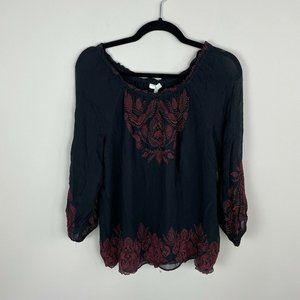 Joie Black Embroidered 3/4 Sleeve Top Size Medium Red Paisley Lined
